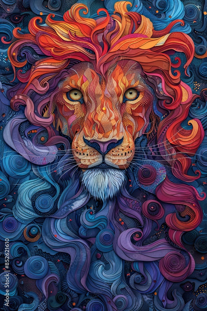 Vibrant, colorful lion with a flowing mane. Generative AI Vibrant, colorful lion with a flowing mane. Generative AI
