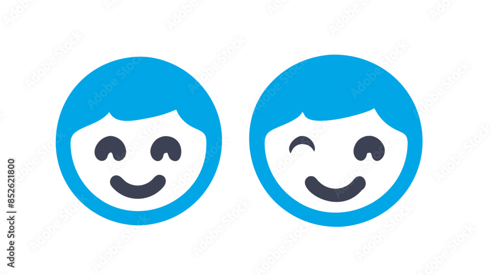 Two stylized smiling faces on a transparent background.Faces have a simplistic design,with a blue circle surrounding the black area that forms the hair and eyes,and a lighter blue for the skin tone.AI Two stylized smiling faces on a transparent background.Faces have a simplistic design,with a blue circle surrounding the black area that forms the hair and eyes,and a lighter blue for the skin tone.AI