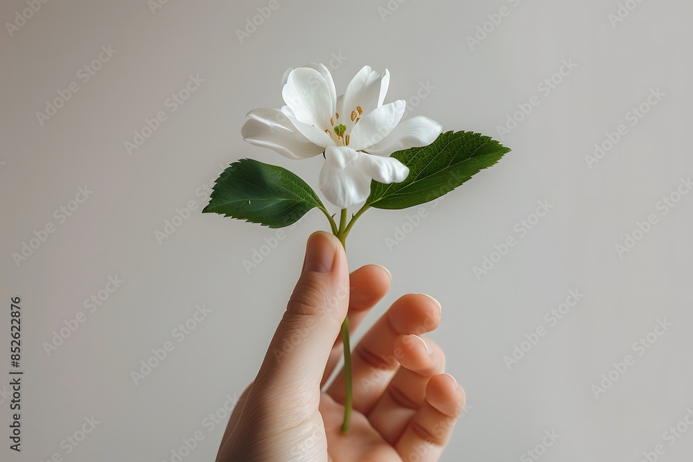 Realistic portrait photo macro shot, of hand holding botanical white flower with light background, wallpaper, wall art Realistic portrait photo macro shot, of hand holding botanical white flower with light background, wallpaper, wall art