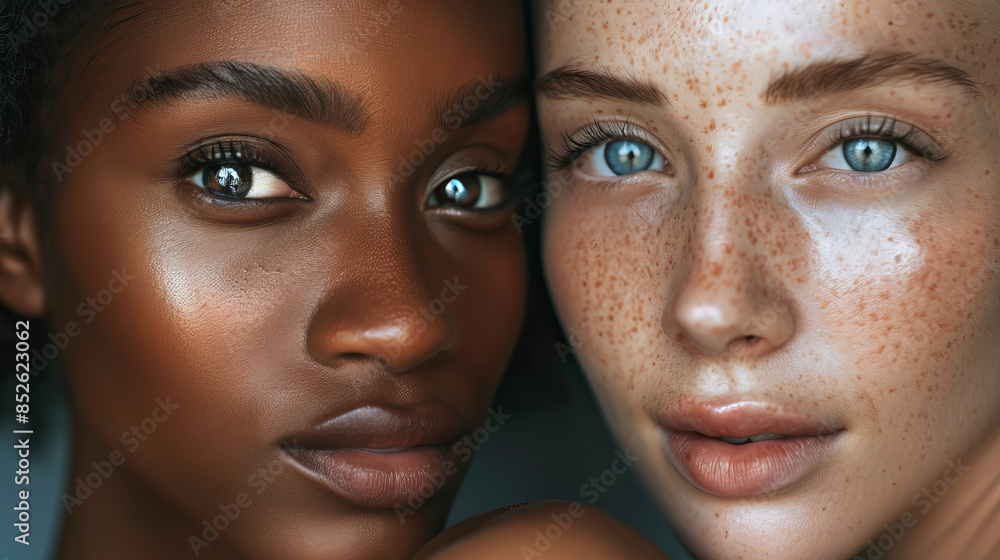Close-up of two women's faces, one with dark skin, the other with freckles, highlighting their different yet beautiful features and the strength of their connection. Close-up of two women's faces, one with dark skin, the other with freckles, highlighting their different yet beautiful features and the strength of their connection.