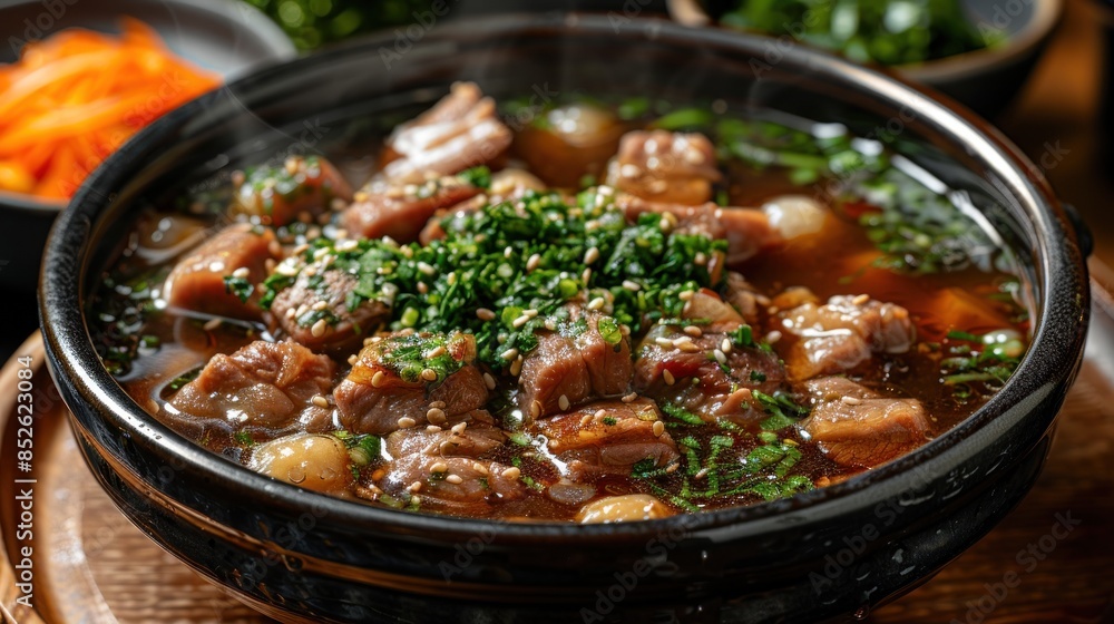 Steaming Bowl of Beef Stew with Sesame Seeds and Greens Steaming Bowl of Beef Stew with Sesame Seeds and Greens