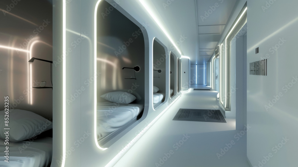 Obraz premium A series of futuristic pod-like sleeping units in a sleek, modern corridor with warm ambient lighting.