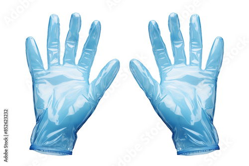 A Pair of Disposable Blue Plastic Gloves Ready For Use on a Clear PNG or White Background.