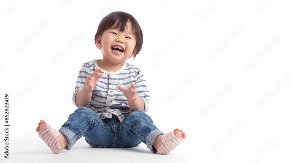 A laughing toddler sits on the floor, clapping hands in delight, with a simple striped shirt and jeans against a white backdrop. A laughing toddler sits on the floor, clapping hands in delight, with a simple striped shirt and jeans against a white backdrop.
