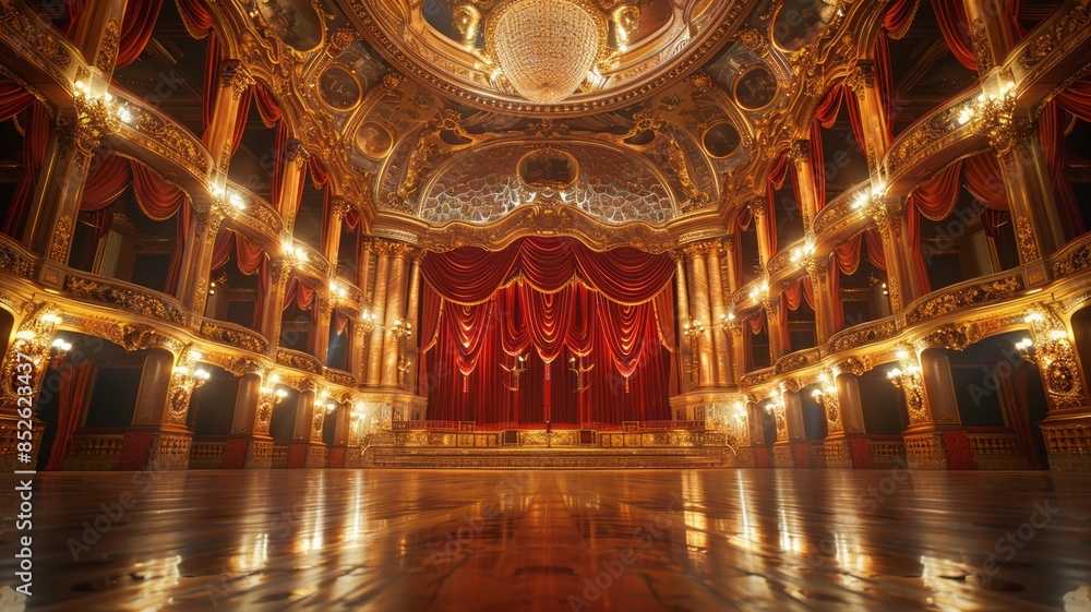 Obraz premium Grandiose Opera House with Golden Ornaments and Red Curtains