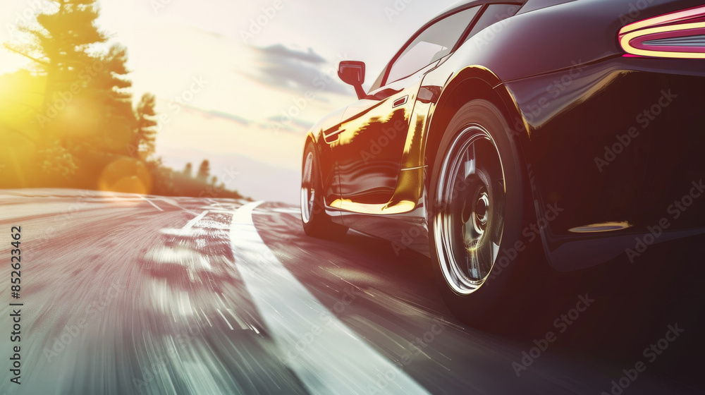 Fototapeta premium Close-up shot of a sleek, black sports car speeding on an open road at sunset, emphasizing motion and a vibrant orange sky.