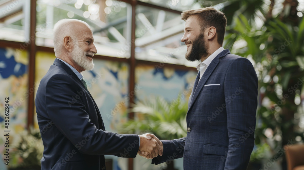 Two men in formal suits shake hands in a brightly lit, greenery-filled environment, expressing mutual respect and agreement, creating a professional and refreshed ambiance. Two men in formal suits shake hands in a brightly lit, greenery-filled environment, expressing mutual respect and agreement, creating a professional and refreshed ambiance.
