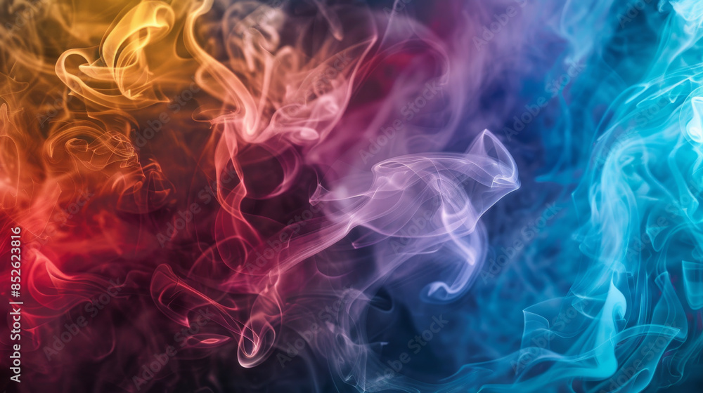 Vividly colored swirls of smoke blend seamlessly, creating a mesmerizing, abstract display of flowing shapes against a dark background. Vividly colored swirls of smoke blend seamlessly, creating a mesmerizing, abstract display of flowing shapes against a dark background.