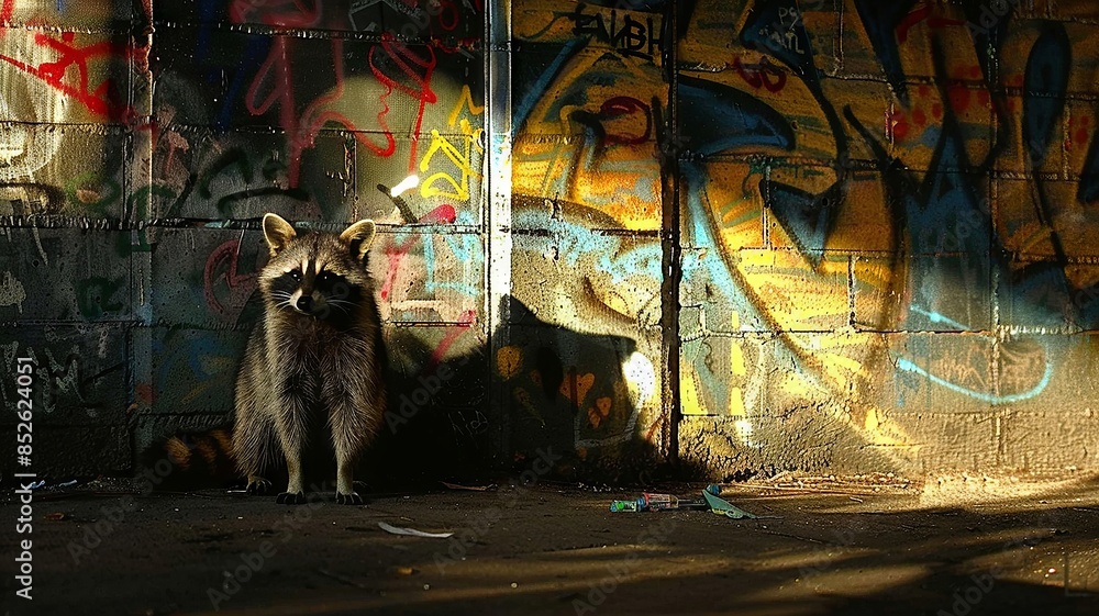 Urban Raccoon in Vivid Graffiti Alley at Sunset with Shadows Urban Raccoon in Vivid Graffiti Alley at Sunset with Shadows