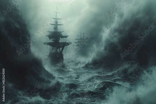 Majestic and Foreboding Ship Adrift Amidst Swirling Mists in the Mysterious Bermuda Triangle Vortex
