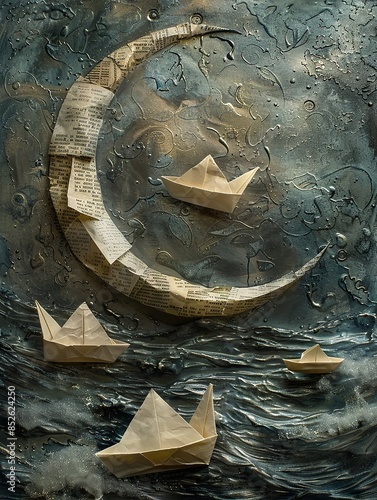 Origami Boats Sailing Under a Newspaper Crescent Moon on Stormy Waters photo