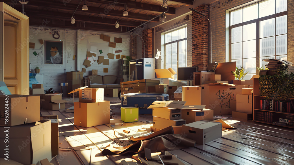 An industrial space filled with various scattered moving boxes and items, bathed in warm sunlight filtering through large windows. An industrial space filled with various scattered moving boxes and items, bathed in warm sunlight filtering through large windows.
