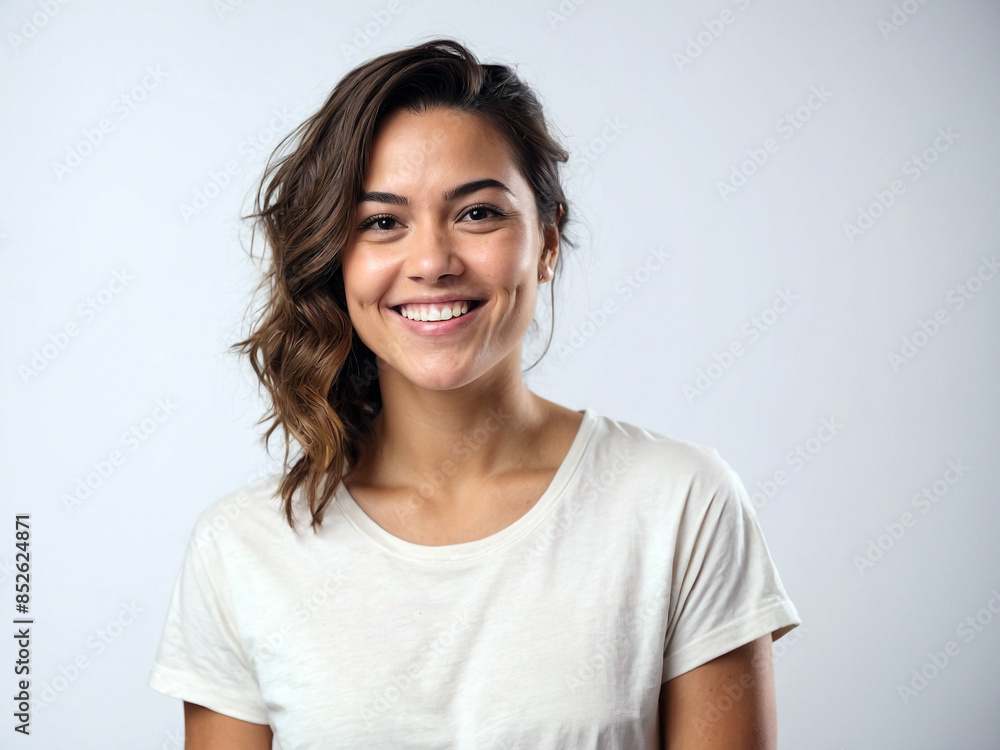 Photo of a woman with a happy expression on a white background Photo of a woman with a happy expression on a white background