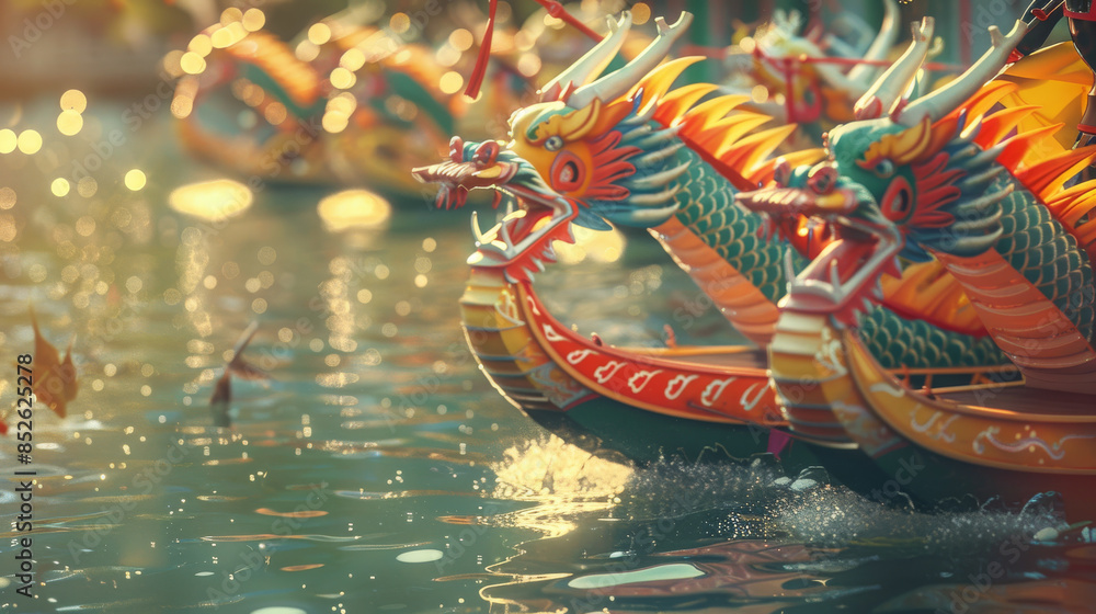 Vibrantly decorated dragon boats surge through the water, with golden hues reflecting the festive atmosphere of a cultural celebration. Vibrantly decorated dragon boats surge through the water, with golden hues reflecting the festive atmosphere of a cultural celebration.