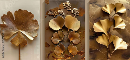 Three panels of decorative metal art pieces featuring golden ginkgo leaves - AI Generated Digital Art