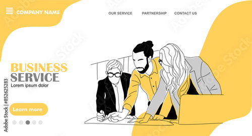 Business service concept landing page. Website template with business team members, men and women working together. Flat graphic outline sketch vector illustration in black and yellow colors.