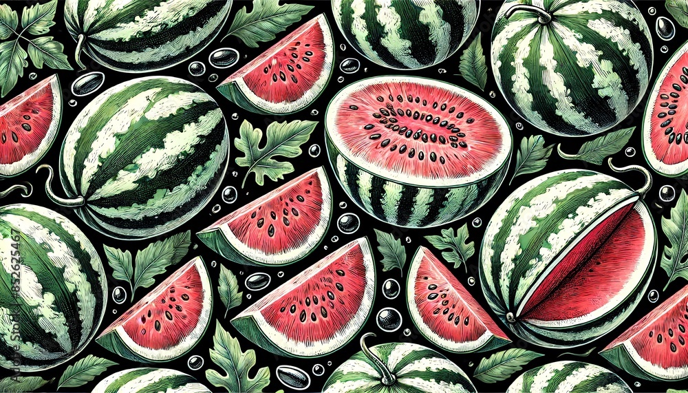 A background illustration of watermelons on a black background A background illustration of watermelons on a black background