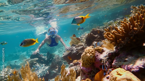 Underwater image of a woman in a blue wetsuit and mask swimming over a coral reef. photo
