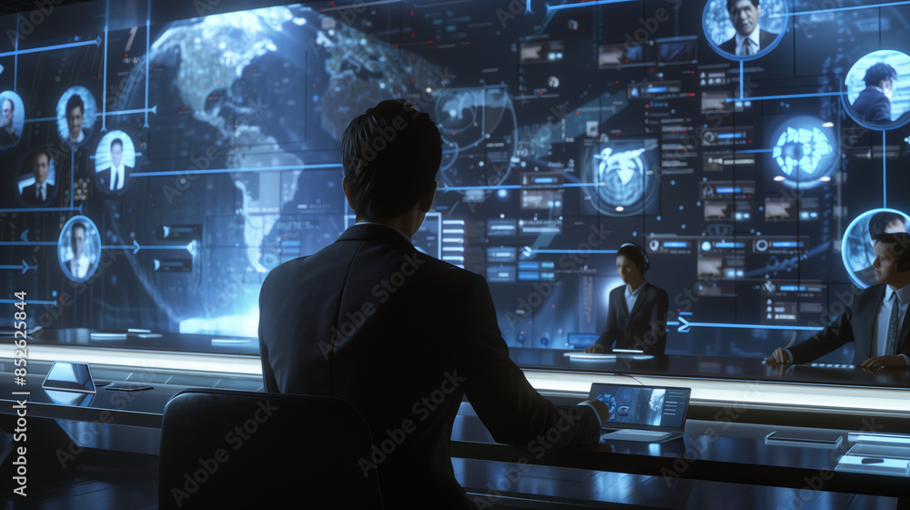 Futuristic workspace with a holographic interface, where a professional is conducting a virtual meeting with international colleagues Futuristic workspace with a holographic interface, where a professional is conducting a virtual meeting with international colleagues