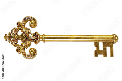 Ornate golden antique key with intricate design on the handle, isolated on transparent background. symbolizing security and unlocking secrets. © Rattanathip