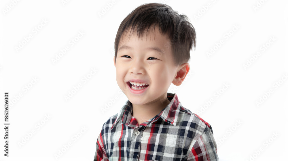 A radiant child in a plaid shirt grins widely, exuding joy and warmth against a stark white background. A radiant child in a plaid shirt grins widely, exuding joy and warmth against a stark white background.