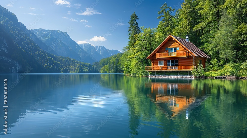 Fototapeta premium Serene Lakeside Cabin Amidst Lush Forest and Majestic Mountains Under Clear Blue Sky