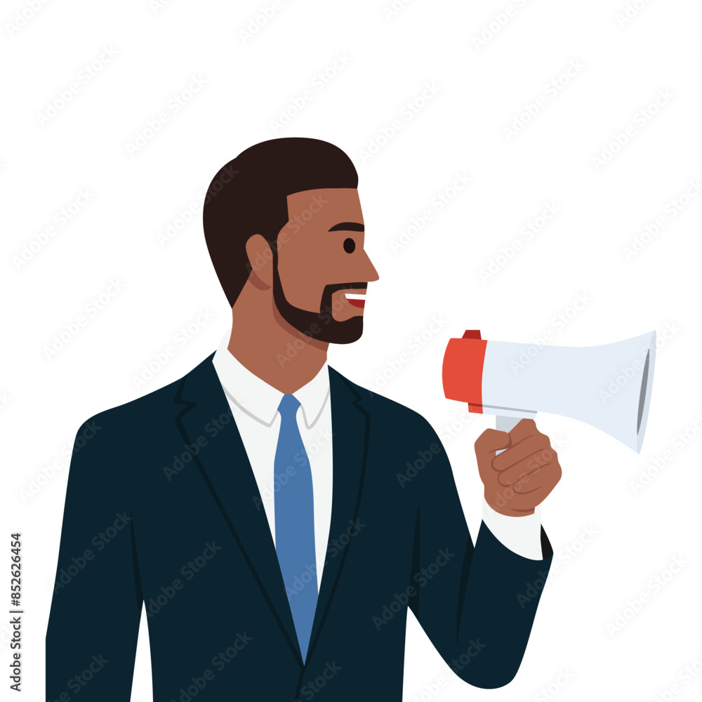 Young man speaking out loud to communicate with co worker or draw attention and announce promotion. Flat vector illustration isolated on white background Young man speaking out loud to communicate with co worker or draw attention and announce promotion. Flat vector illustration isolated on white background