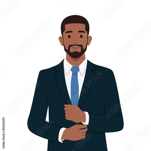 Young confident businessman in suit and tie feel successful and motivated. Flat vector illustration isolated on white background