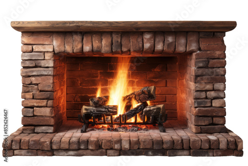 A Brick Fireplace Blazing With Warmth and Embers on a Clear PNG or White Background.