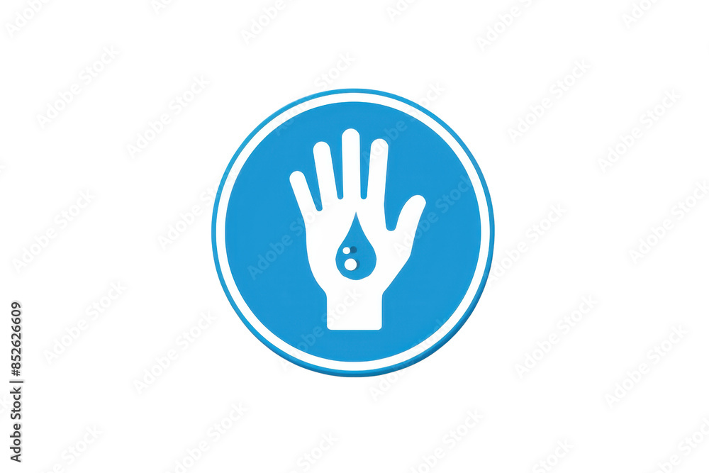 Sanitation and hygiene icon representing handwash with a water droplet symbol inside a blue circular background with white border. Sanitation and hygiene icon representing handwash with a water droplet symbol inside a blue circular background with white border.