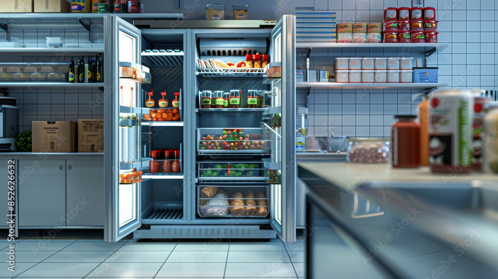 A meticulously organized storage room with various foods and beverages neatly placed in a large refrigerated unit. A meticulously organized storage room with various foods and beverages neatly placed in a large refrigerated unit.