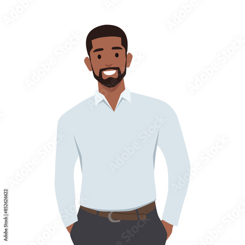 Handsome confident bearded man in jeans with hands in pocket. Flat vector illustration isolated on white background