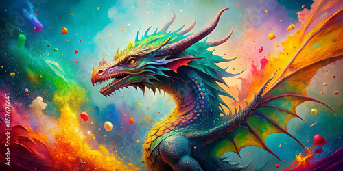 Painted animal with paint splash painting technique on colorful background dragon
