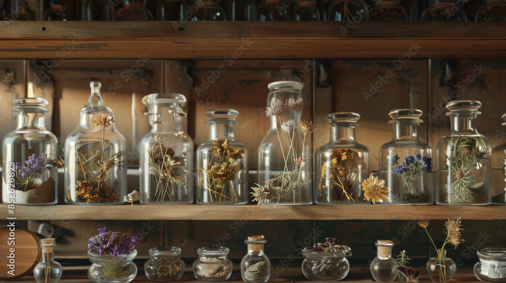 An arrangement of various glass jars filled with preserved dried flowers and herbs, neatly set on rustic wooden shelves in an ambiently lit room. An arrangement of various glass jars filled with preserved dried flowers and herbs, neatly set on rustic wooden shelves in an ambiently lit room.