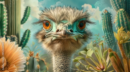 Close up of an ostrich s face with cacti and plants in the backdrop photo