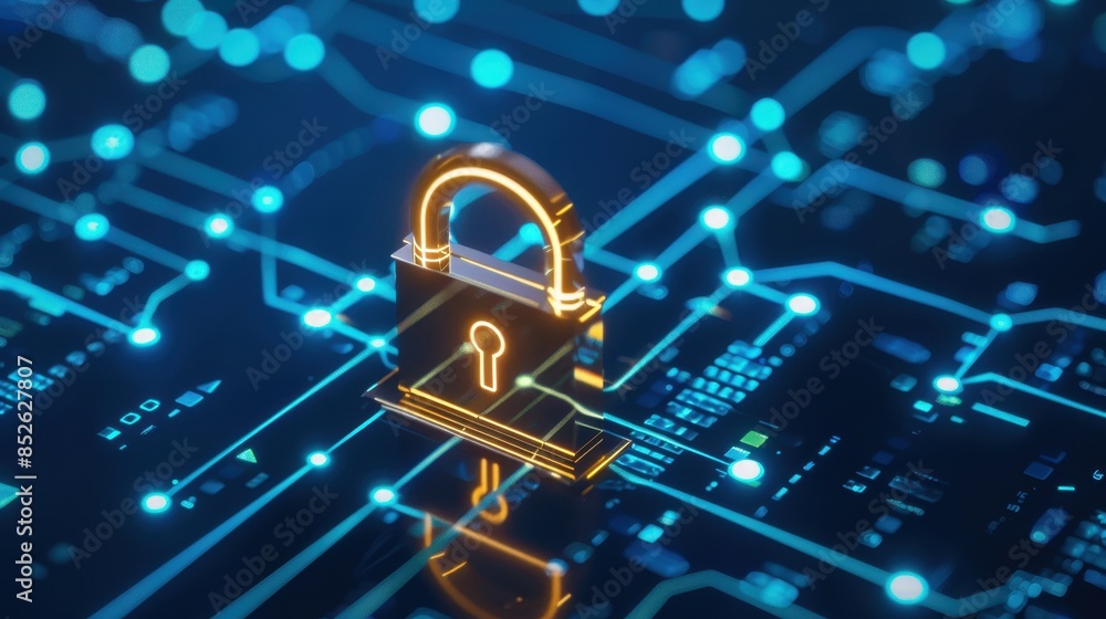 Fototapeta premium Golden padlock over digital blue circuitry, symbolizing cybersecurity, data protection, and online privacy in modern technology.