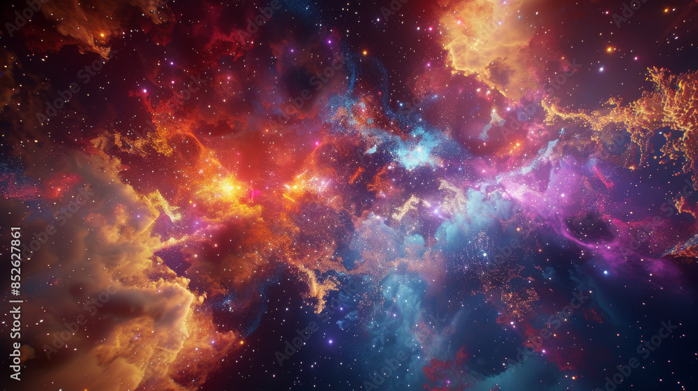 Naklejka premium A mesmerizing image of a colorful galaxy, filled with swirling nebulae and stars, presenting a cosmic spectacle of vibrant hues.