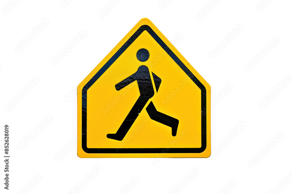 Yellow pedestrian crossing sign indicating caution for drivers to watch out for pedestrians. Isolated on transparent background. Yellow pedestrian crossing sign indicating caution for drivers to watch out for pedestrians. Isolated on transparent background.