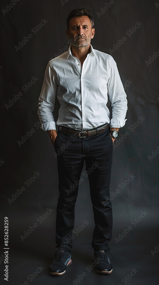 full body portrait of a middle aged business casual man with glasses and a button up shirt with a dark studio background full body portrait of a middle aged business casual man with glasses and a button up shirt with a dark studio background