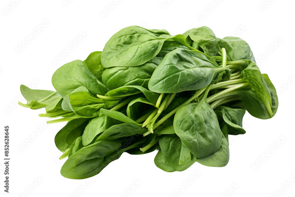 A Lush Bouquet of Freshly Harvested Spinach Leaves on a Clear PNG or White Background. A Lush Bouquet of Freshly Harvested Spinach Leaves on a Clear PNG or White Background.