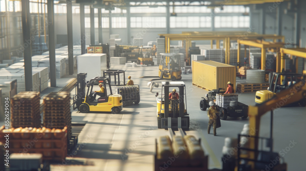 Busy warehouse with multiple forklifts and workers moving goods, illuminated by the sunlight streaming through large windows. Busy warehouse with multiple forklifts and workers moving goods, illuminated by the sunlight streaming through large windows.