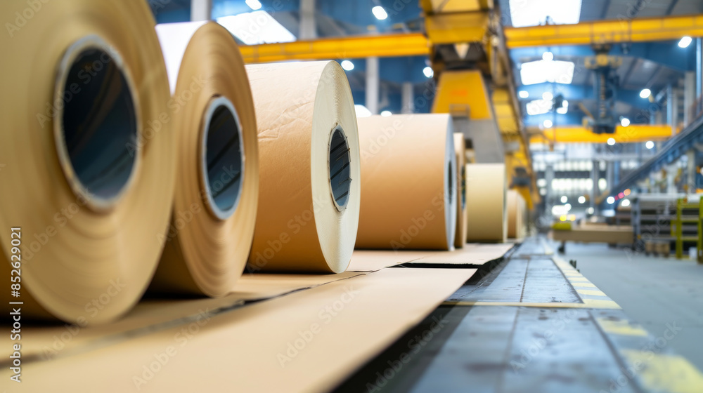 Industrial paper rolls on a conveyor belt inside a factory, illustrating the orderly and high-volume production state of an industrial facility. Industrial paper rolls on a conveyor belt inside a factory, illustrating the orderly and high-volume production state of an industrial facility.