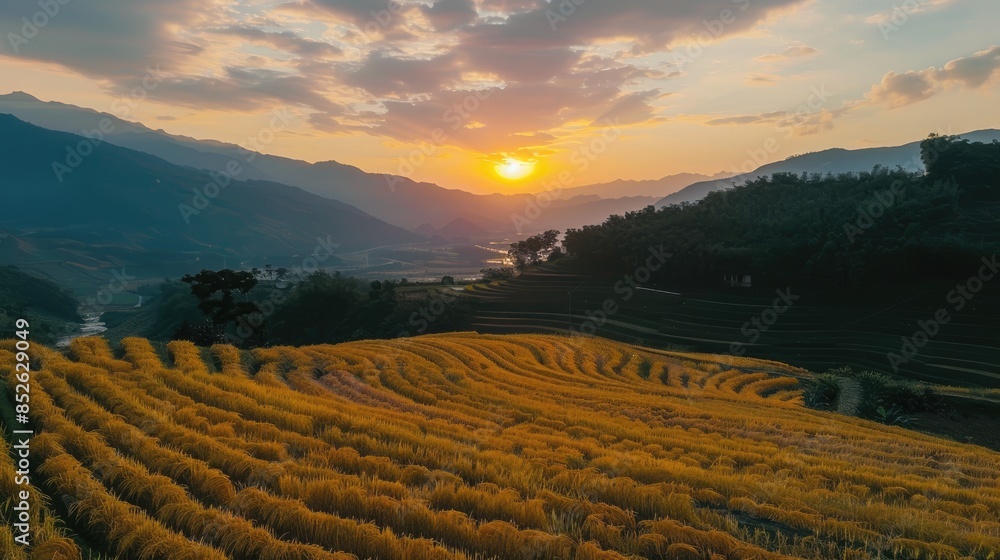 Sunset view from the nearly harvested rice fields in the mountains Sunset view from the nearly harvested rice fields in the mountains
