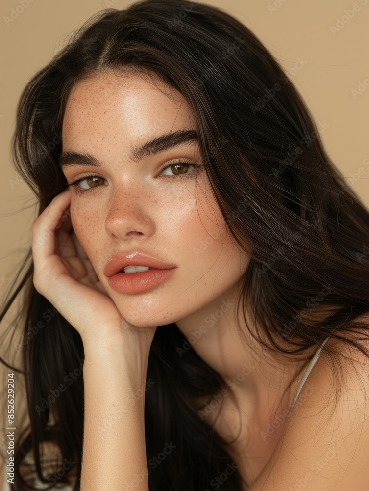 A close-up of a dark-haired model with her head resting on one arm, posing for a photo against a pure beige background, beauty concept A close-up of a dark-haired model with her head resting on one arm, posing for a photo against a pure beige background, beauty concept
