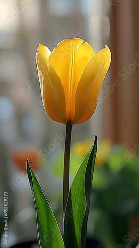 Realistic portrait photo macro shot, of  botanical yellow tulip flower with blurred filed background, wallpaper, wall art #852629273