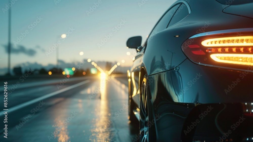 A sleek, modern car on a wet road at dusk with blurred city lights in the background. A sleek, modern car on a wet road at dusk with blurred city lights in the background.