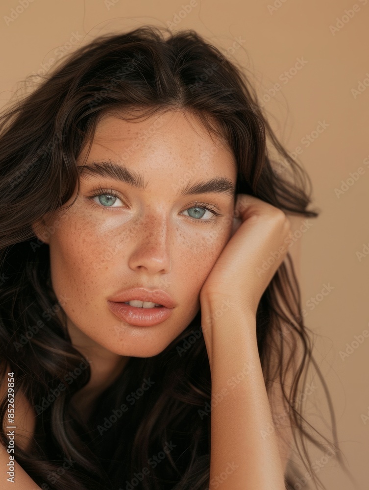 A close-up of a dark-haired model with her head resting on one arm, posing for a photo against a pure beige background, beauty concept A close-up of a dark-haired model with her head resting on one arm, posing for a photo against a pure beige background, beauty concept