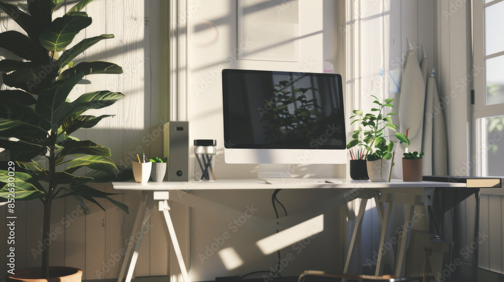 Fototapeta premium A sunlit home office featuring a modern desk with computer, surrounded by lush plants and a serene, organized environment perfect for productivity.