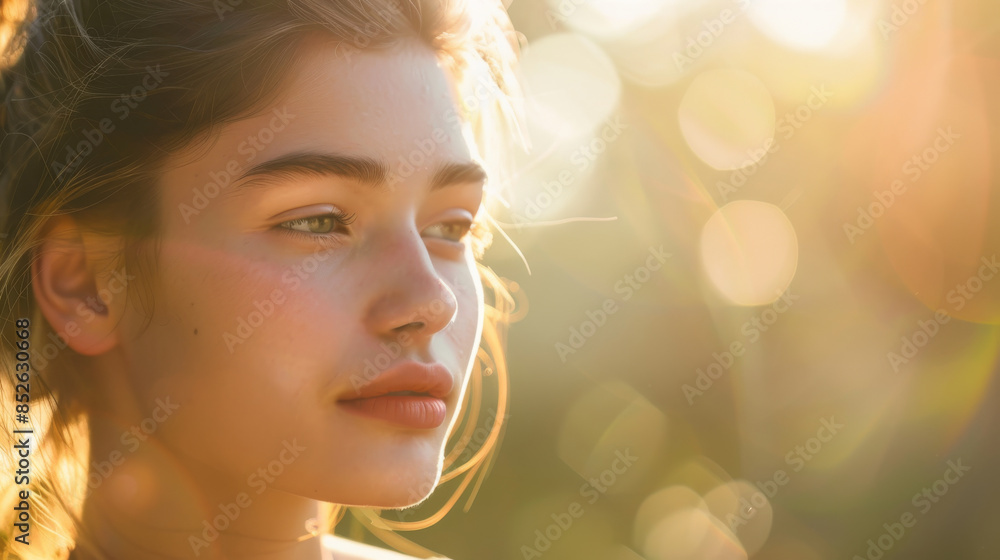 A young woman is bathed in golden sunlight, her expression relaxed as she gazes into the distance, surrounded by a bokeh of warm tones. A young woman is bathed in golden sunlight, her expression relaxed as she gazes into the distance, surrounded by a bokeh of warm tones.