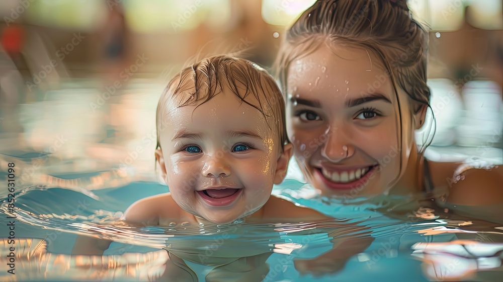 A joyful mother holding her baby in a swimming pool, both smiling and looking at the camera A joyful mother holding her baby in a swimming pool, both smiling and looking at the camera